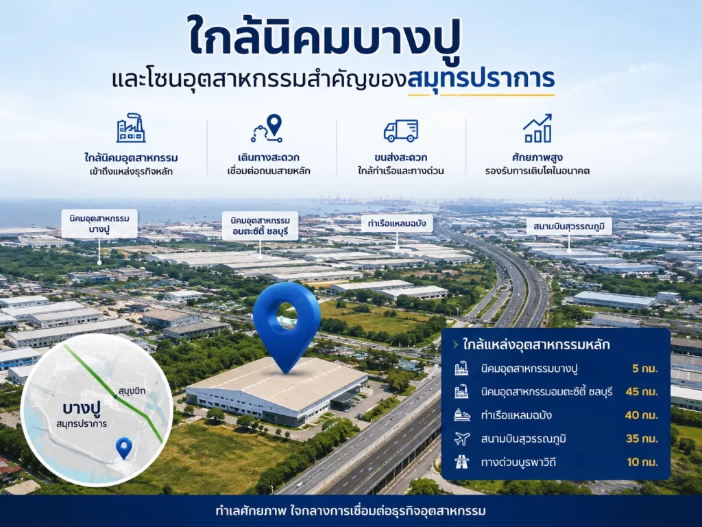 ใกล้นิคมบางปูและโซนอุตสาหกรรมสำคัญของสมุทรปราการ
