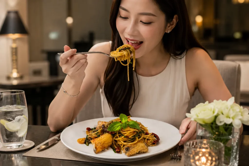 สปาเก็ตตี้ขี้เมาปลาสลิดบางบ่อ เมนูฟิวชัน Maysaya Cafe at Maybis Hotel
